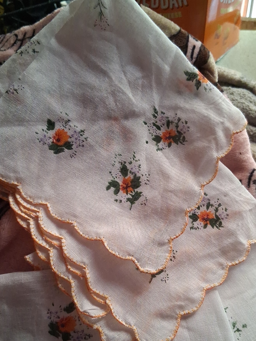 Vintage Floral Scalloped Handkerchief - Orange Yellow Flowers